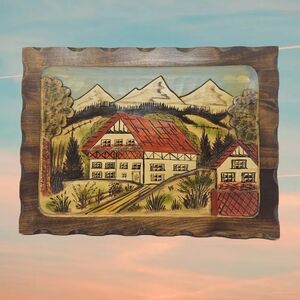 Hand Carved 3-D Wood Village Country Side Farm Life Hand Painted Picture